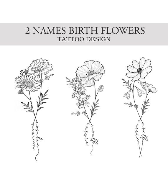 2 Birth Flower Name Tattoo | Couple Family Personalized Gift | Custom Name Birth Flower Tattoo Design | Birth month floral print | Digital