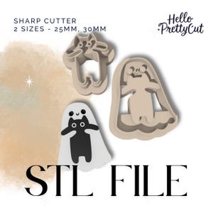 May include: Three beige plastic Halloween-themed cookie cutters. One cutter is a cat in a ghost costume, another is a ghost, and the third is a cat. The text "SHARP CUTTER" and "STL FILE" are also visible.