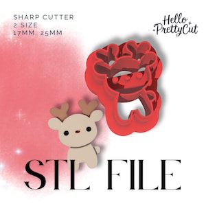 May include: A red plastic reindeer cookie cutter and a beige reindeer figurine. The cutter is 2.5cm in size. The image also includes the text "SHARP CUTTER 2 SIZE 17MM, 25MM" and "STL FILE". The Hello Pretty Cut logo is in the upper right corner.