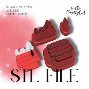 May include: Red and white cookie cutters in the shape of a doghouse and a dog. The image also includes the text "SHARP CUTTER", "2 SIZES", "18MM, 25MM", "STL FILE", and the logo "Hello PrettyCut".