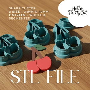 Puede incluir: Cortadores de galletas en forma de cereza de color turquesa y un modelo de cereza roja y marrón. La imagen incluye el texto "SHARP CUTTER", "2 SIZE - 23mm & 30mm", "2 STYLES - WHOLE & SEGMENTED", "Hello Pretty Cut" y "STL FILE".