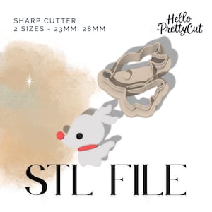May include: A beige plastic cookie cutter in the shape of a cartoon reindeer, with a red nose and collar. The image also shows the cutter's outline and the text "STL FILE". The cutter is available in two sizes: 23mm and 28mm.