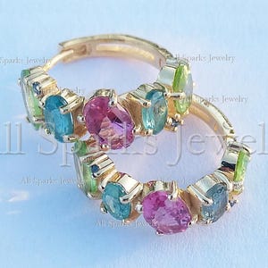 Natural Multi Color Gemstone Huggie Hoop Earrings Solid 14K Yellow Gold Handmade Jewelry Party Wear Huggies, Gift for her