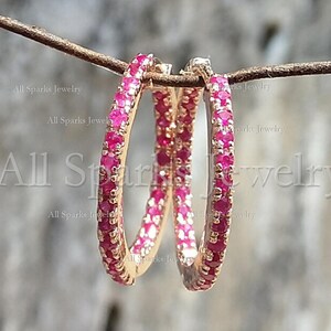 Solid 14K Gold Pave Ruby Hoop Earrings – Minimalist Bridal Party Jewelry