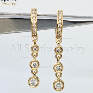Natural 0.38 Ct Diamond Dangle Huggie Earrings Solid 14K Yellow Gold Minimalist Jewelry for Anniversary, Brithday and Christmas Gifts