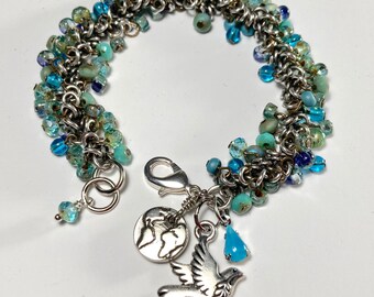 Peace Dove, Earth Charm, Blue Glass Beaded Bracelet