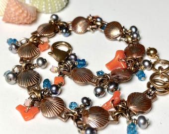 Brass Scallop Shell Bracelet: Freshwater Pearls, Coral, Rhinestones, Ocean Jewelry