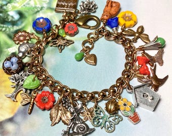 Garden Charm Bracelet, Fairy, Butterflies, Czech Glass Flowers, Birdhouse