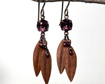 Copper Leaf Earrings: Swarovski Amethyst Rhinestones, Autumn Jewelry