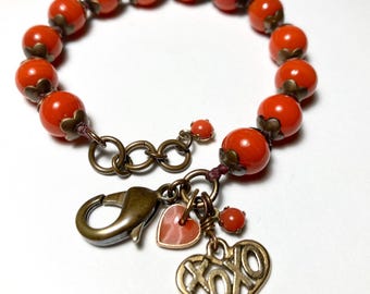 Vintage Red Glass Bead Bracelet with Heart Charms