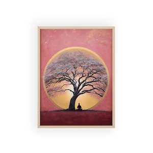 Serene Tree Art Poster with Wooden Frame, Nature Wall Decor, Mindfulness Gift, Home and Office Art, Meditation Room Decoration