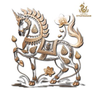 May include: A detailed, gold and silver unicorn sculpture with ornate detailing. The mythical creature features a spiraled horn, floral accents, and a decorative saddle. The sculpture is set against a white background, with the text "STYLETHAISIAM" in the upper right corner.