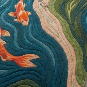 May include: A rectangular rug with a koi fish design. The rug features a blue, green, and beige color palette, with orange koi fish swimming in a stylized river. The rug has a textured appearance.