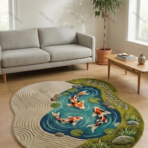 May include: A circular rug depicting a koi pond scene. The rug showcases a blue pond with three koi carp in orange, white, and black. The pond is encircled by green grass, stones, and lily pads. A sand garden design completes the rug's aesthetic.