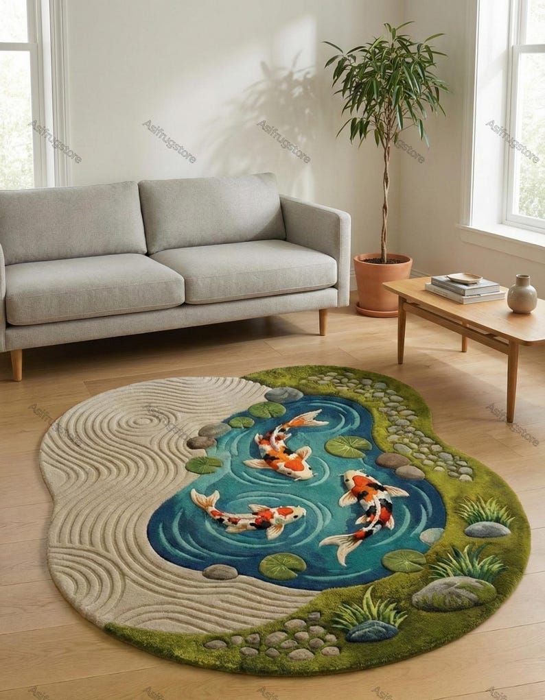 May include: A circular rug depicting a koi pond scene. The rug showcases a blue pond with three koi carp in orange, white, and black. The pond is encircled by green grass, stones, and lily pads. A sand garden design completes the rug's aesthetic.