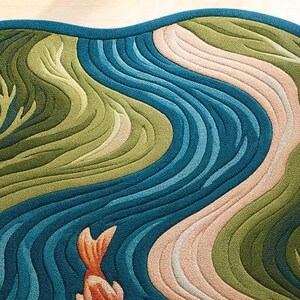 Pu&ograve; includere: Un tappeto decorativo dalla forma organica con un design fluido che ricorda un fiume. La palette di colori comprende tonalit&agrave; di blu, verde e beige, con un tocco di arancione. Il design del tappeto suggerisce un tema naturale, adatto a un soggiorno o camera da letto.