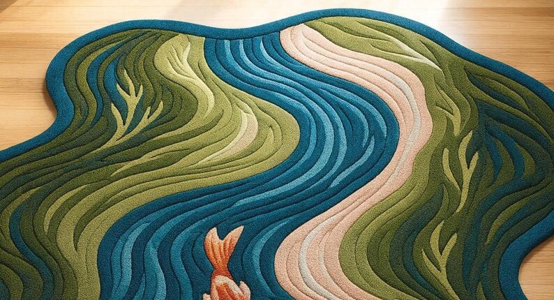 Pu&ograve; includere: Un tappeto decorativo dalla forma organica con un design fluido che ricorda un fiume. La palette di colori comprende tonalit&agrave; di blu, verde e beige, con un tocco di arancione. Il design del tappeto suggerisce un tema naturale, adatto a un soggiorno o camera da letto.