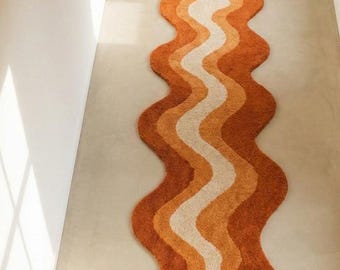 Retro Irregular Runner Rug | Handmade Burnt Orange Wavy Hallway Carpet | 70s Modern Sculptural Runner | Custom Size Available