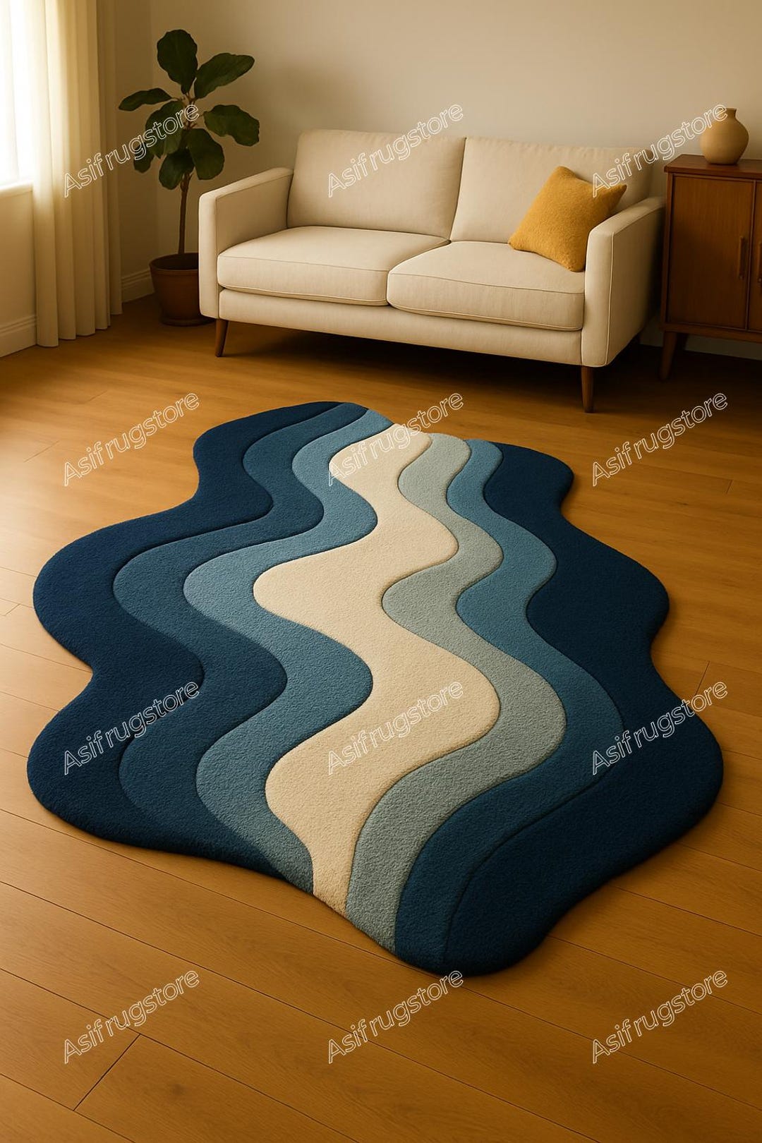 Blue Wavy Pattern Rug Wavy Blue Rug Ocean Wave Area Rug Gradient Abstract Carpet Modern ...