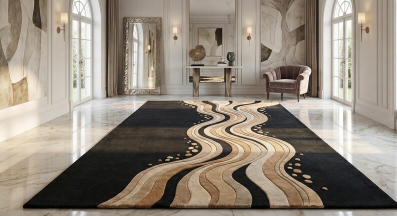 Modern Black Abstract Rug | Hand Tufted Wool Area Rug | 3D Carved ...