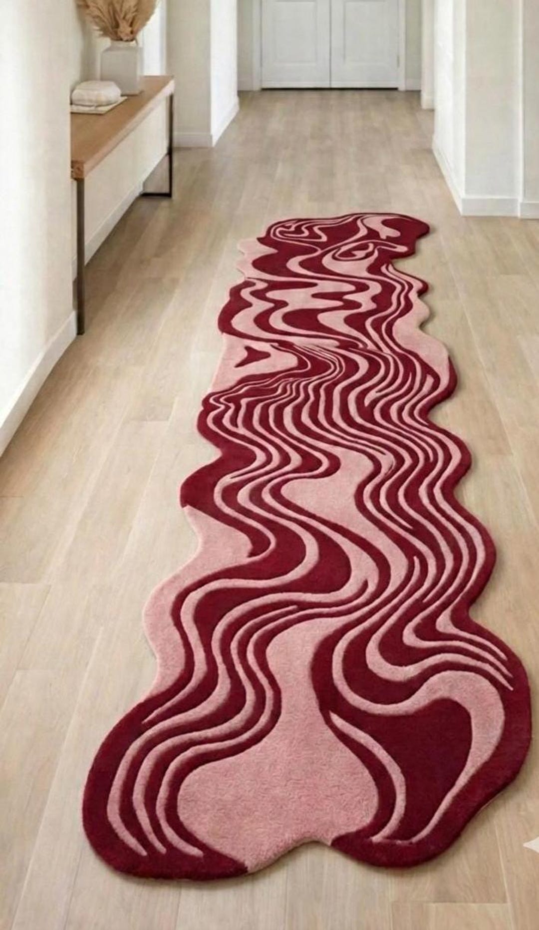 Unique Shape Runner Rug Luxury Irregular Runner Rug | Handmade Burgundy Pink Wavy Hallway ...