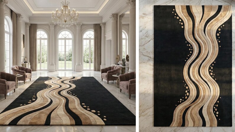 Modern Black Abstract Rug | Hand Tufted Wool Area Rug | 3D Carved ...