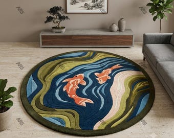 Runder Koi-Fisch-Teppich, handgeknüpfter Wollteppich, japanischer Teichteppich, Zen-Wasserteppich, luxuriöser runder Wohnzimmerteppich, neuseeländischer Wollteppich