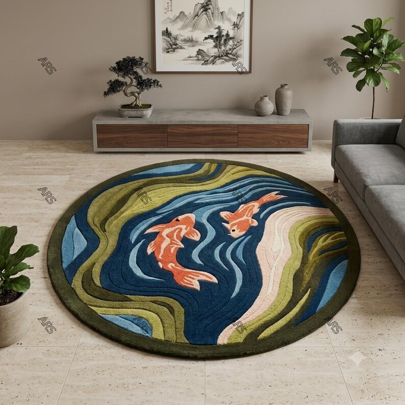 Round Koi Fish Rug, Handmade Tufted Wool Area Rug, Japanese Pond Carpet, Zen Water Rug, Luxury Round Living Room Rug, New Zealand Wool Rug image 1