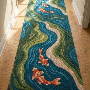Hand Tufted Koi Fish Runner Rug | Japanese Pond Hallway Carpet | Blue Green Wool Runner | Entryway & Corridor Rug image 1
