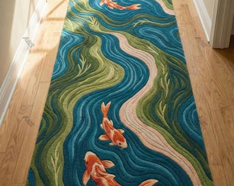 Hand Tufted Koi Fish Runner Rug | Japanese Pond Hallway Carpet | Blue Green Wool Runner | Entryway & Corridor Rug