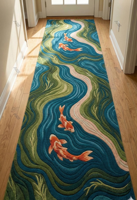 Hand Tufted Koi Fish Runner Rug | Japanese Pond Hallway Carpet | Blue Green Wool Runner | Entryway & Corridor Rug