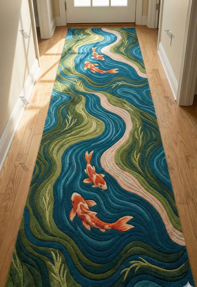 Hand Tufted Koi Fish Runner Rug | Japanese Pond Hallway Carpet | Blue Green Wool Runner | Entryway & Corridor Rug image 1