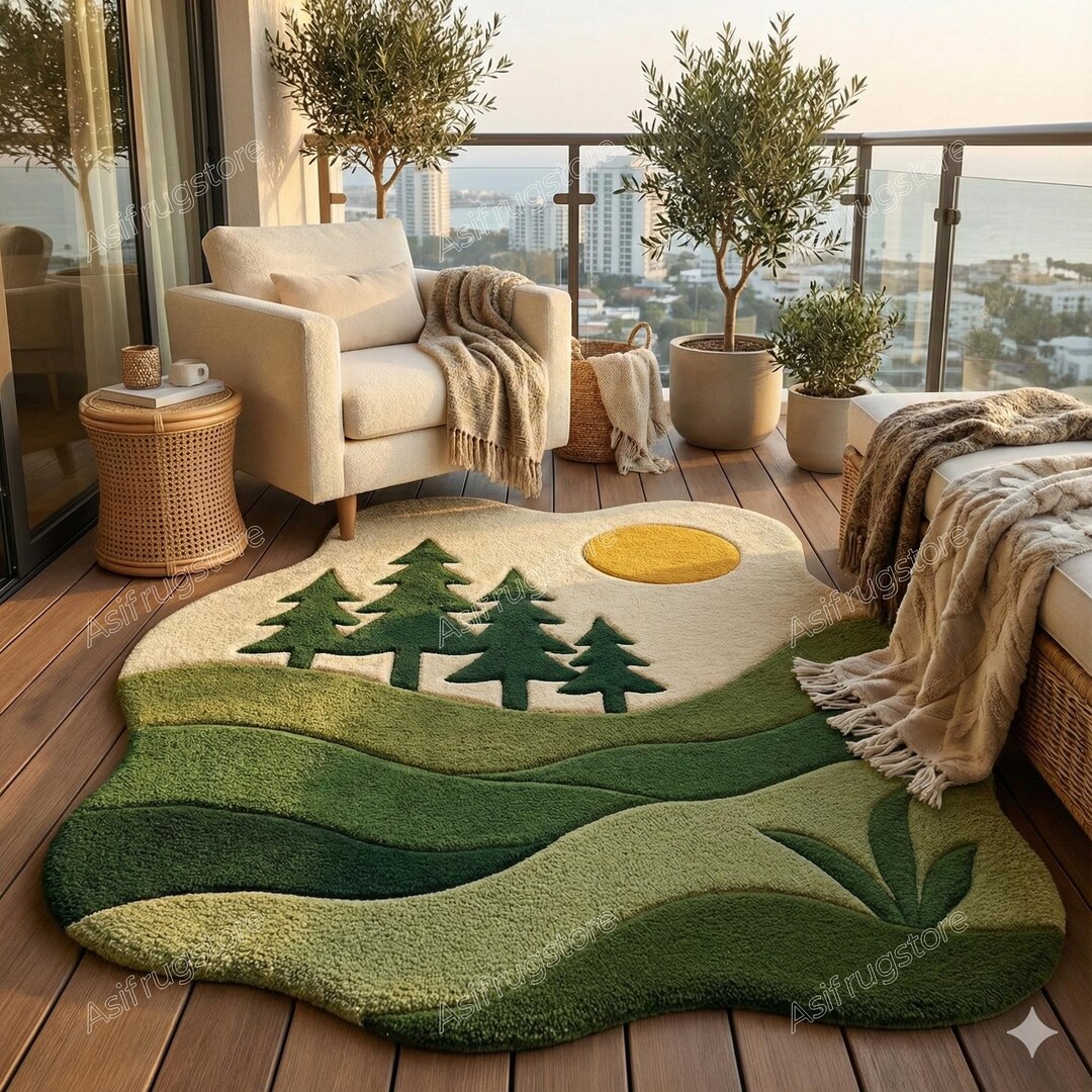 Landscape Rug Tuft Forest Landscape Rugs, Green Tufted Area Rug, Shaped Woodland Nursery ...
