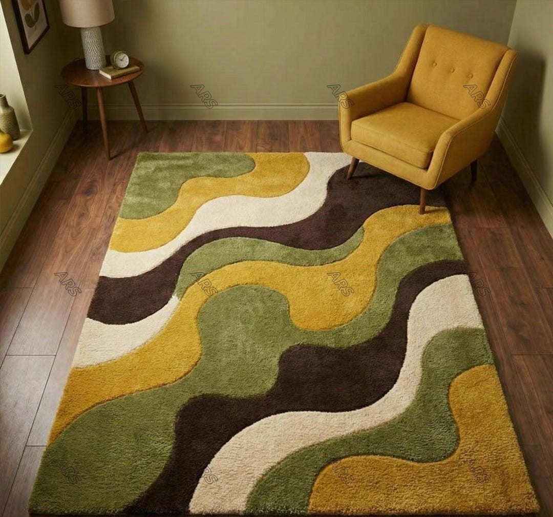 Mid Century Modern Wool Area Rug, Retro Wavy Abstract Design - Etsy