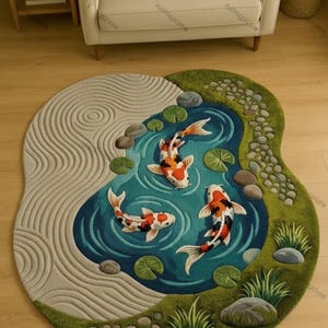 May include: A circular rug with a koi pond design. The rug depicts a blue pond with three koi carp in orange, black, and white. The pond is surrounded by green grass, stones, and lily pads. A sand garden design is on the left.
