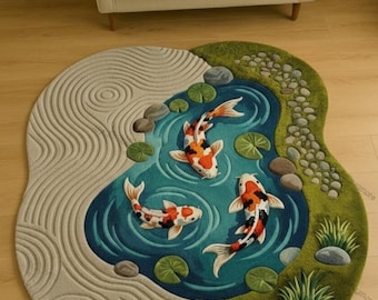 Alfombra artesanal con diseño de peces koi / Alfombra con diseño ondulado de estanque / Alfombra de arte zen japonés / Alfombras coloridas con mechones para sala de estar, dormitorio y espacio de meditación.