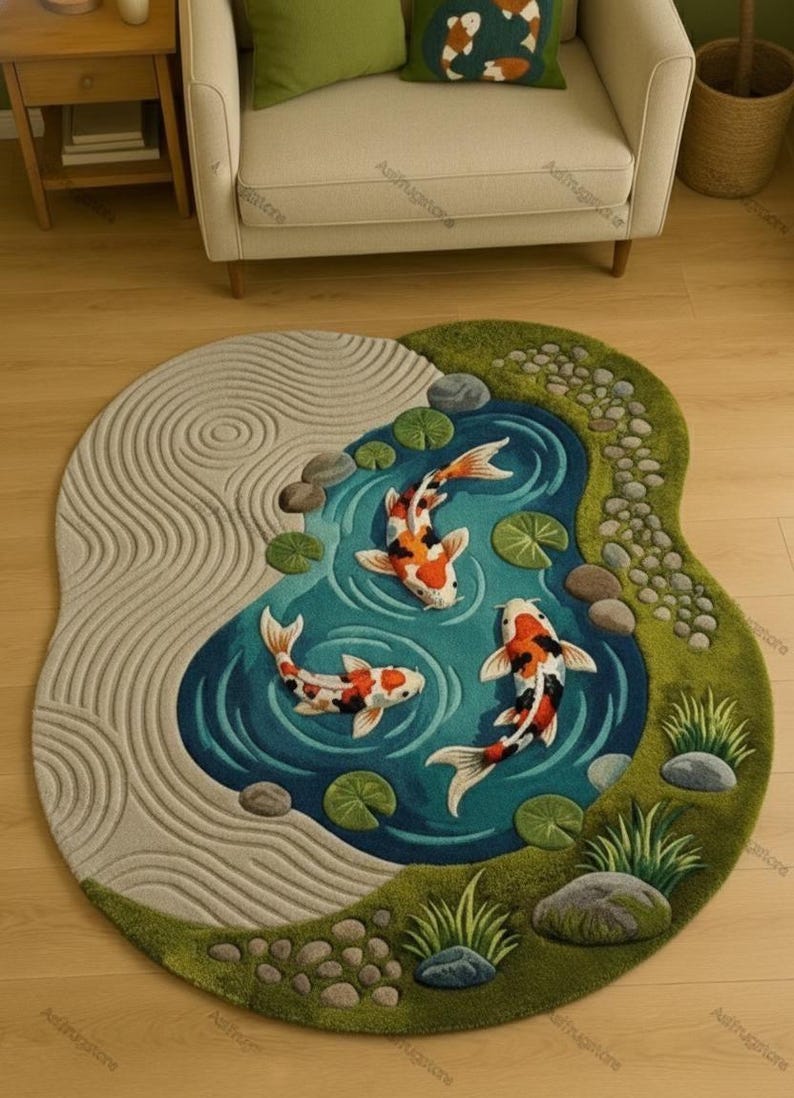 May include: A circular rug with a koi pond design. The rug depicts a blue pond with three koi carp in orange, black, and white. The pond is surrounded by green grass, stones, and lily pads. A sand garden design is on the left.