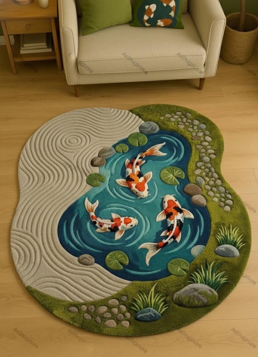 Pond Rug Design Handmade Koi Fish Rug | Wavy Pond Design Carpet | Japanese Zen Art Rug ...