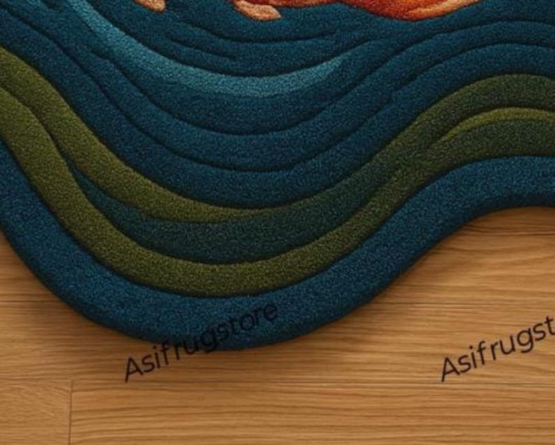 Pu&ograve; includere: Primo piano di un tappeto con un motivo a onde nei toni del blu e del verde. Il tappeto ha una superficie strutturata e una forma curva. Il testo "Asifrugstore" &egrave; visibile sul tappeto.