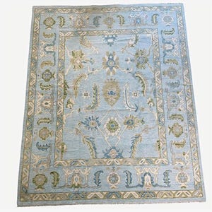 9x13 Handmade Wool Area Rug sky blue Botanical Oriental Carpet Traditional Oushak Design with Floral Patterns Vintage-Style Living Room Rug