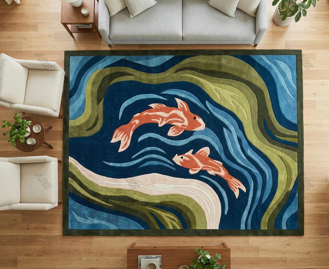 Fish Tuft Rug Handmade Koi Fish Rug | Tufted Wool Blend, Japanese Zen Design - Etsy