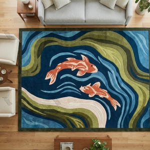 Handmade Koi Fish Rug | Tufted Wool Blend, Japanese Zen Design