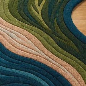 Pu&ograve; includere: Un tappeto colorato con un design astratto e fluido. Il tappeto presenta motivi ondulati in tonalit&agrave; di blu, verde e beige, con un tocco di arancione. Il testo "Asifrugstore" &egrave; visibile.