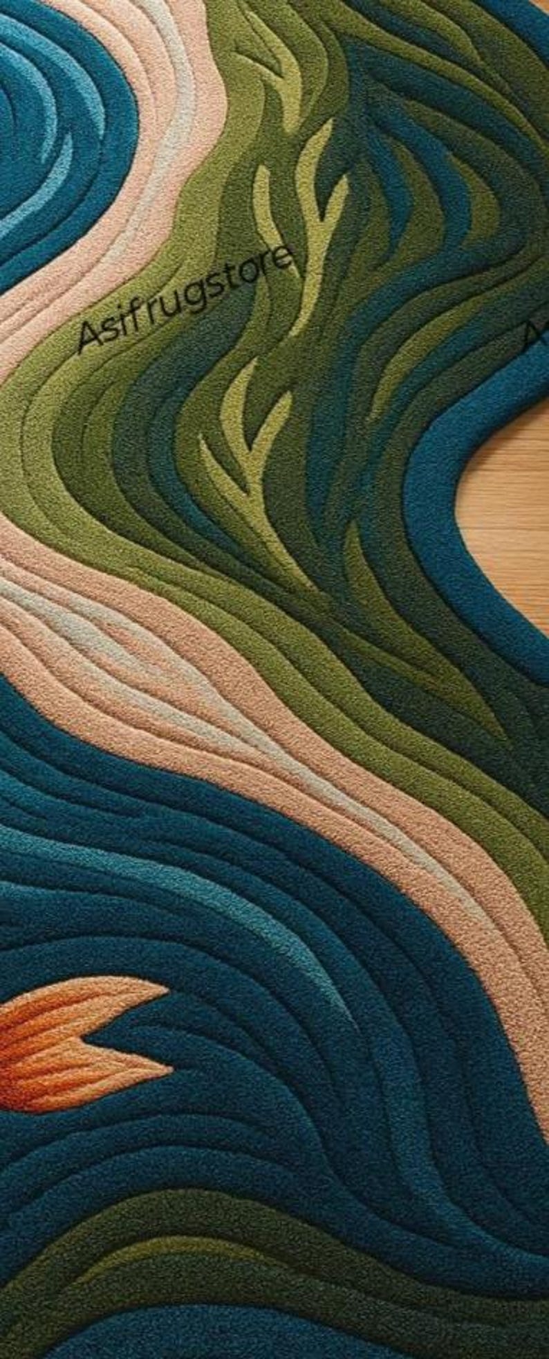 Pu&ograve; includere: Un tappeto colorato con un design astratto e fluido. Il tappeto presenta motivi ondulati in tonalit&agrave; di blu, verde e beige, con un tocco di arancione. Il testo "Asifrugstore" &egrave; visibile.