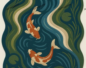 Handmade Koi Fish Rug | Wavy Pond Design Carpet | Japanese Zen Art Rug | Colorful Tufted Carpets for Living Room, Bedroom & Meditation Space