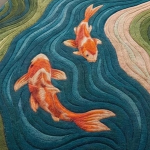 May include: A detailed rug featuring two orange and white koi fish swimming in a blue and green water scene. The rug's design includes flowing lines to represent water, creating a serene and artistic aesthetic.