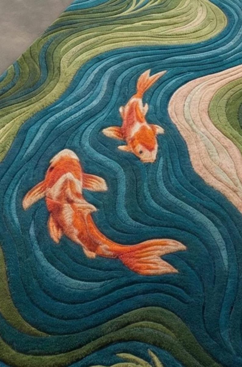 May include: A detailed rug featuring two orange and white koi fish swimming in a blue and green water scene. The rug's design includes flowing lines to represent water, creating a serene and artistic aesthetic.