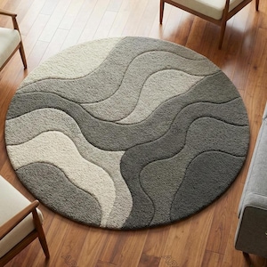 Modern vloerkleed met rond golfpatroon – neutraal grijs en crème getuft tapijt | Handgemaakt 3D-vloerkleed met textuur voor woonkamer, slaapkamer of kantoor