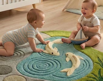 Koi Fish Pond Rug | Handmade Tufted Irregular Shape Carpet | 3D Textured Lake Design | Kids Rooms & Living Room Decor | Custom Size Rug