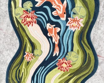Handmade Koi Fish Rug | Wavy Pond Design Carpet | Japanese Zen Art Rug | Colorful Tufted Carpets for Living Room, Bedroom & Meditation Space